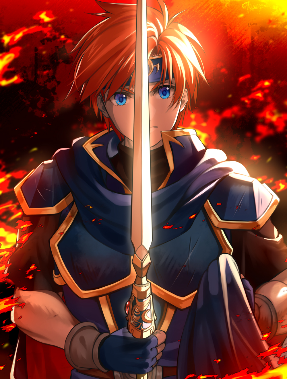 1boy armor binding_blade_(weapon) blue_cape blue_eyes blue_gloves cape closed_mouth delsaber fiery_background fingerless_gloves fire fire_emblem fire_emblem:_the_binding_blade gloves headband highres holding holding_cape holding_clothes holding_sword holding_weapon looking_at_viewer male_focus redhead roy_(fire_emblem) serious solo sword weapon