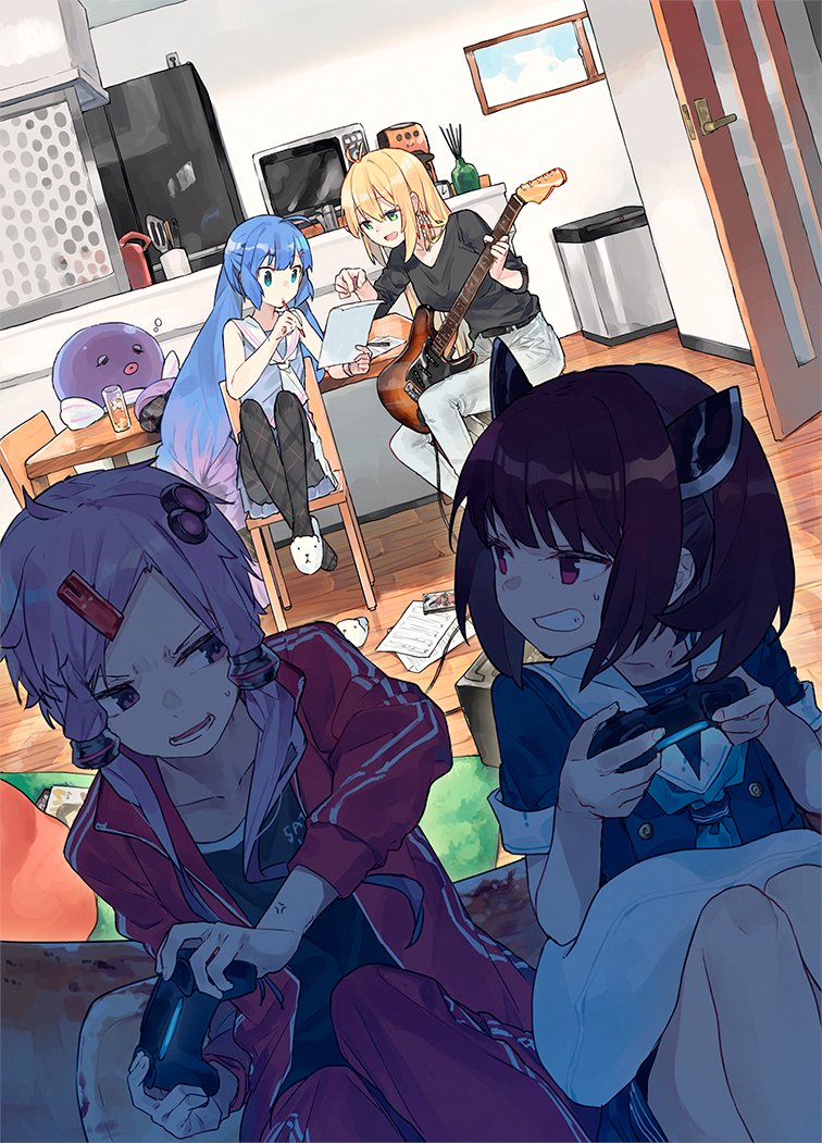 4girls ahoge alternate_costume anger_vein animal_slippers antenna_hair bangs_pinned_back beads belt black_belt black_pantyhose black_shirt blade blue_eyes blue_hair blue_neckerchief blue_shirt blue_skirt brown_hair buttons commentary_request controller cup drinking_glass dutch_angle eel_hat electric_guitar eye_contact forehead game_controller glaring gradient_hair green_eyes grin guitar hair_beads hair_ornament hat hat_removed headgear headwear_removed hitogome holding holding_controller holding_game_controller holding_instrument holding_pen house indoors instrument jacket kiritanpo_(food) knees_up light_purple_hair long_hair long_sleeves looking_at_another looking_at_viewer looking_to_the_side microwave multicolored_hair multiple_girls neckerchief no_eyewear on_chair open_clothes open_door open_jacket otomachi_una otomachi_una_(talkex) oversized_food pants pantyhose pen pen_to_mouth pillow pink_hair plaid plaid_legwear playing_games pointing purple_hair red_eyes red_jacket red_pants refrigerator rug sailor_collar shirt short_hair short_hair_with_long_locks short_sleeves sideways_glance sitting skirt sleeveless sleeveless_shirt sleeves_rolled_up slippers smile sweat sweatdrop talkex teaching touhoku_kiritan track_jacket track_pants tsurumaki_maki twintails v-shaped_eyebrows very_long_hair violet_eyes vocaloid voiceroid white_neckerchief white_pants white_sailor_collar white_skirt wooden_floor yuzuki_yukari