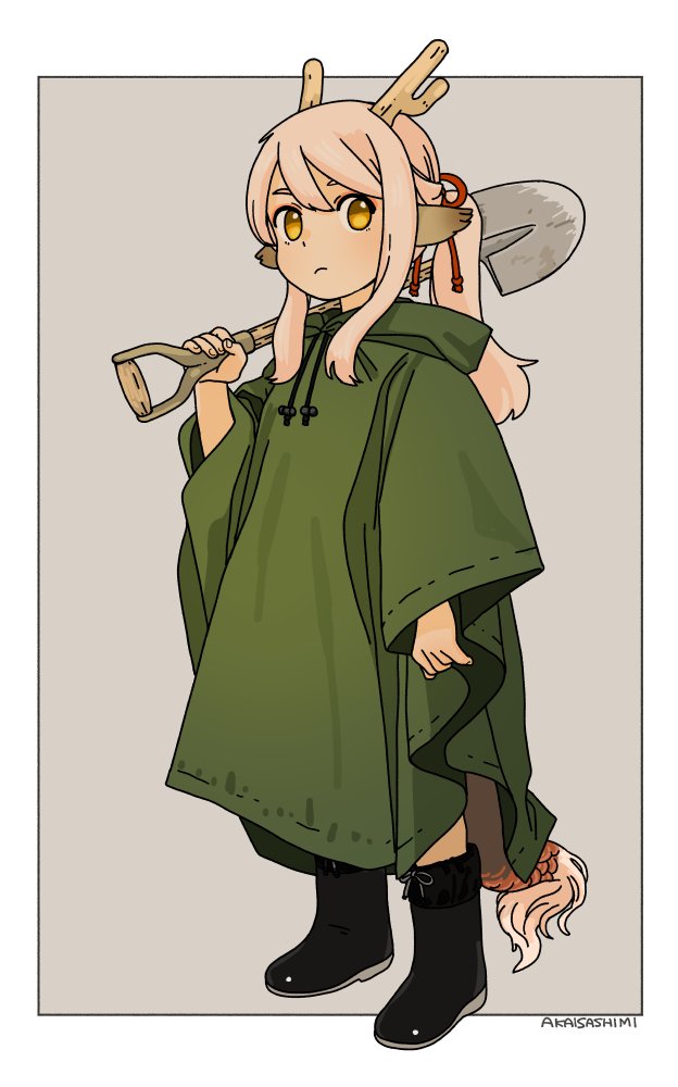 1girl akai_sashimi animal_ears antlers artist_name black_footwear boots brown_eyes cloak eyebrows_hidden_by_hair frown full_body green_cloak holding holding_shovel hood hood_down original pink_hair ponytail shovel sidelocks signature solo tail wide_sleeves