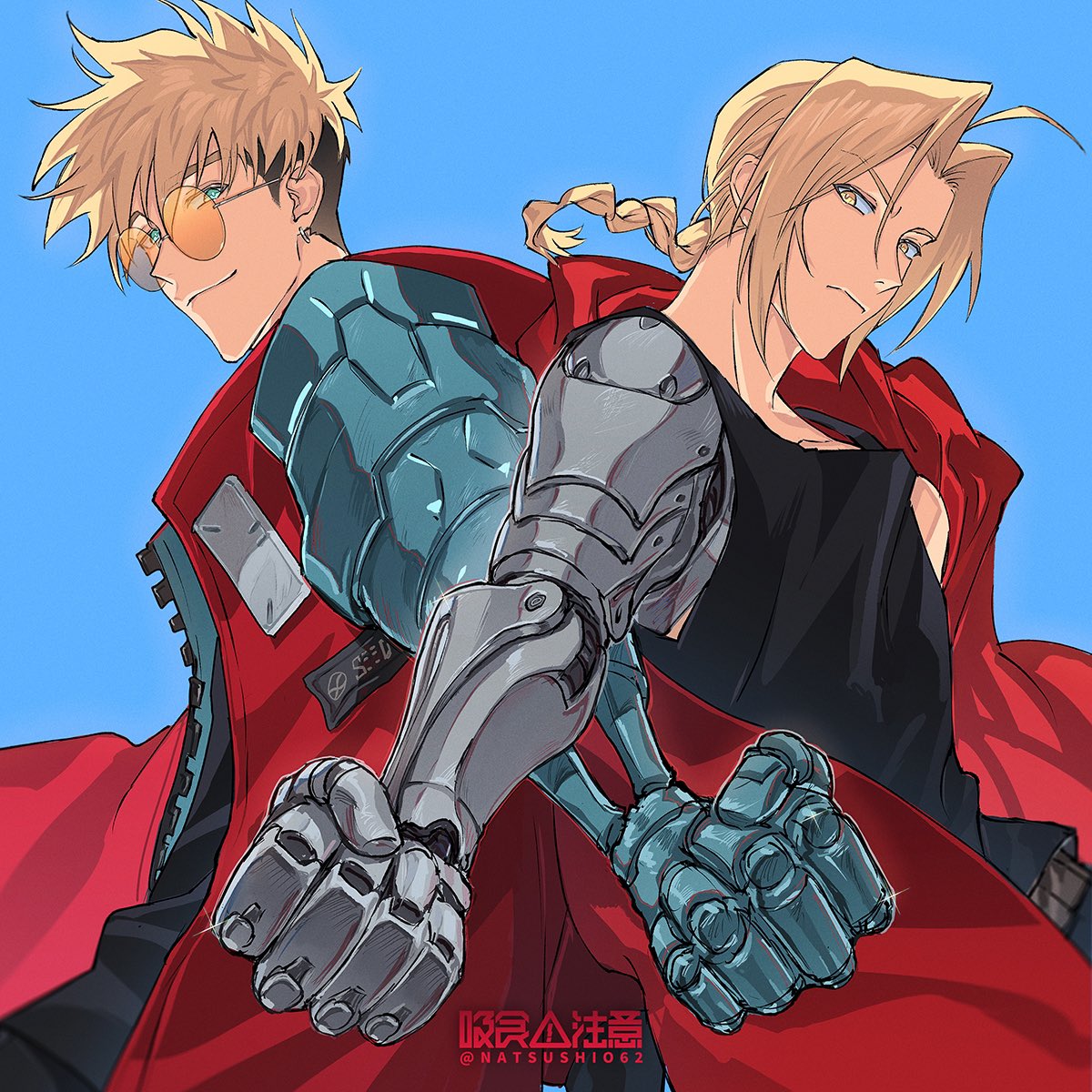 2boys ahoge black_shirt blonde_hair blue_background blue_eyes braid clenched_hand coat color_connection earrings edward_elric fullmetal_alchemist furrowed_brow hair_color_connection highres jacket jewelry look-alike male_focus multiple_boys natsushio_(x2i2a) prosthesis prosthetic_arm red_coat red_jacket round_eyewear shirt short_hair simple_background single_braid single_earring smile sunglasses tank_top trait_connection trigun trigun_stampede twitter_username undercut vash_the_stampede yellow_eyes