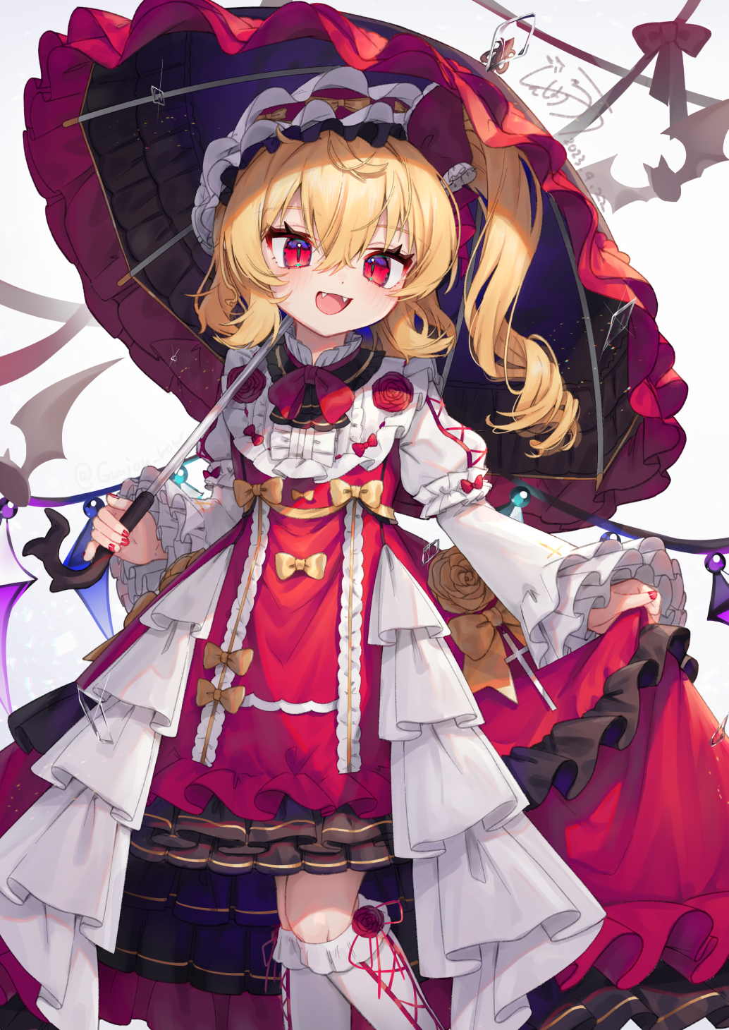 1girl adapted_costume blonde_hair blush bow crystal dated dress fangs feet_out_of_frame fingernails flandre_scarlet frilled_dress frilled_sleeves frills gunjou_row hair_between_eyes hat highres holding holding_umbrella kneehighs long_hair long_sleeves mob_cap nail_polish open_mouth red_bow red_dress red_eyes red_nails side_ponytail signature smile socks solo touhou umbrella white_headwear white_socks wings yellow_bow