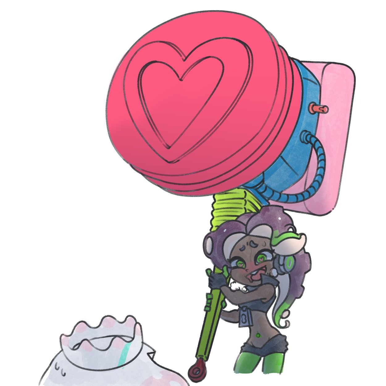 2girls 3d_rod! brown_hair crazy_eyes crazy_smile cropped_vest crown dark-skinned_female dark_skin drooling female_pervert gradient_hair green_hair green_pantyhose hammer headphones headset heart heart-shaped_pupils highres holding holding_hammer holding_mallet huge_weapon inkling mallet marina_(splatoon) mouth_drool multicolored_hair multiple_girls navel_piercing octarian octoling pantyhose pantyhose_under_shorts pearl_(splatoon) pervert piercing pink_hair splatoon_(series) splatoon_2 suction_cups sweat sweating_profusely symbol-shaped_pupils tentacle_hair ultra_stamp_(splatoon) vest weapon white_hair yandere you_gonna_get_raped zipper_pull_tab
