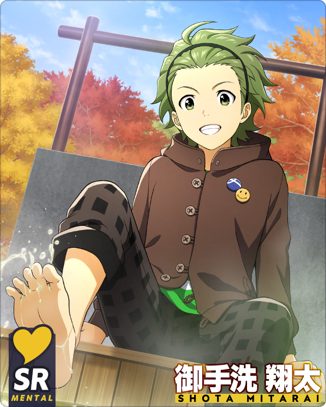 1boy ahoge barefoot black_hairband buttons card_(medium) character_name feet green_eyes green_hair hairband idolmaster idolmaster_side-m idolmaster_side-m_growing_stars long_sleeves male_focus mitarai_shouta official_art outdoors smile soles solo teeth toes