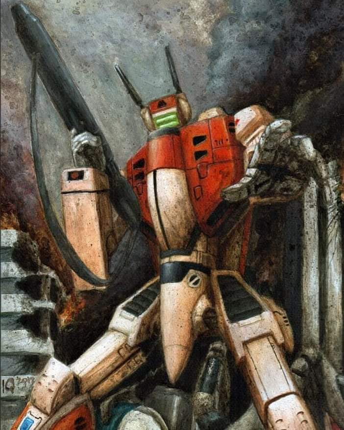 acrylic_paint_(medium) battle battroid building choujikuu_yousai_macross damaged destruction dirty english_commentary gunpod ink_(medium) looking_at_viewer machinery macross mecha painting_(medium) realistic regult robot robotech scan science_fiction smoke switch_industrial traditional_media upper_body variable_fighter vf-1 vf-1d walker when_you_see_it wreckage zentradi