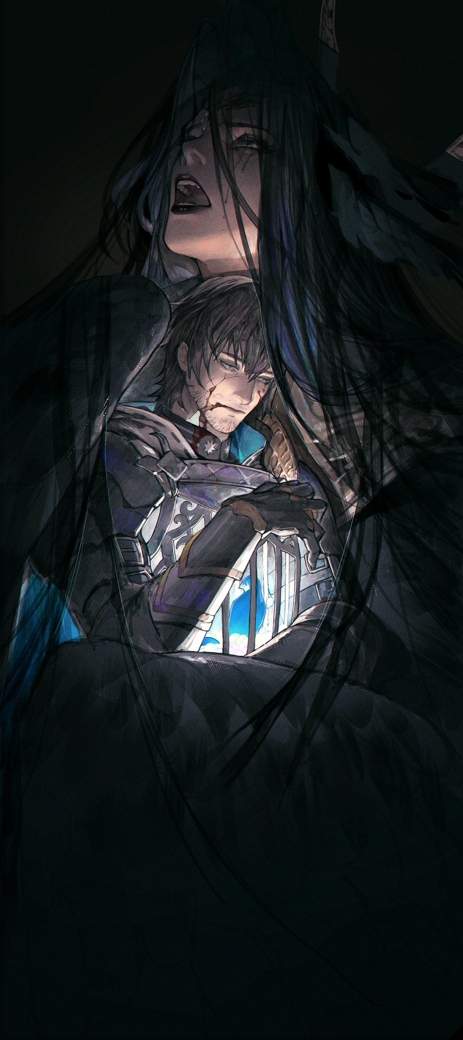 1boy 1girl adventurer_(ff14) armor bird bird_girl bird_wings black_hair black_lips black_tears bleeding blood blood_from_mouth blood_on_face blue_bird blue_cape brown_hair cage cape circlet collar cracked_skin crying dark eboda-x facial_hair feathered_wings final_fantasy final_fantasy_xiv from_side gauntlets giant giantess glowing grey_eyes hair_intakes half-closed_eyes head_wings highres hyur long_hair looking_up metal_collar monster_girl multiple_wings object_hug open_mouth paladin_(final_fantasy) pauldrons realistic short_hair shoulder_armor size_difference stubble tears the_endsinger upper_body warrior_of_light_(ff14) wing_hug wings
