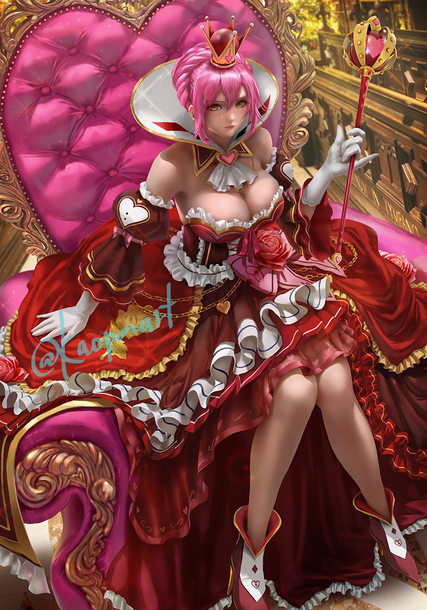 1girl breasts cleavage_cutout clothing_cutout commission crown dress eiyuu_densetsu gloves high_heels highres holding holding_scepter kaopon large_breasts looking_at_viewer pink_hair puffy_sleeves sara_valestein scepter sen_no_kiseki sitting skeb_commission solo throne twitter_username yellow_eyes