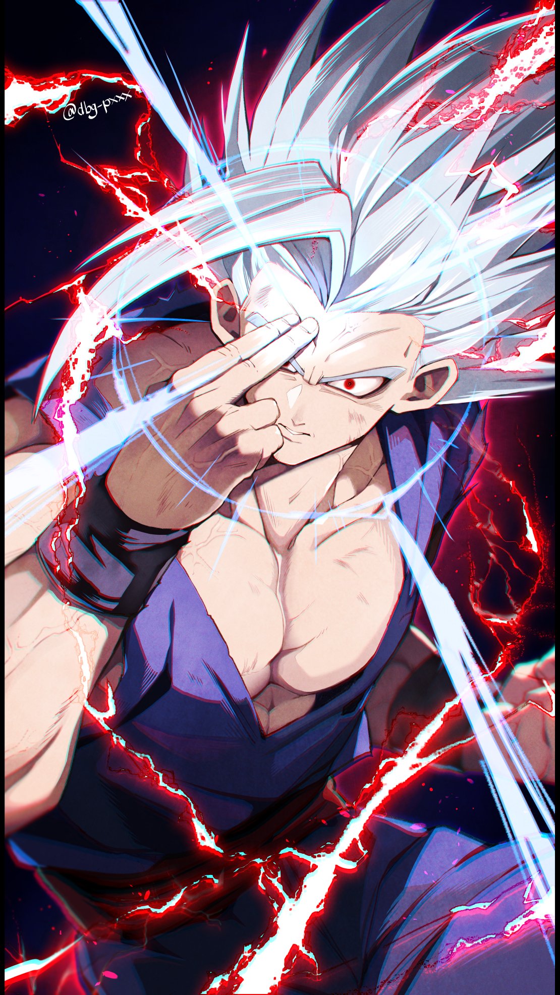 1boy artist_name bb_m0024 black_background black_wristband collarbone commentary_request dougi dragon_ball dragon_ball_super dragon_ball_super_super_hero electricity energy gohan_beast grey_hair hand_on_forehead hand_up highres looking_at_viewer male_focus muscular muscular_male parted_lips pectorals red_eyes sash scratches solo son_gohan spiky_hair twitter_username v-shaped_eyebrows wristband