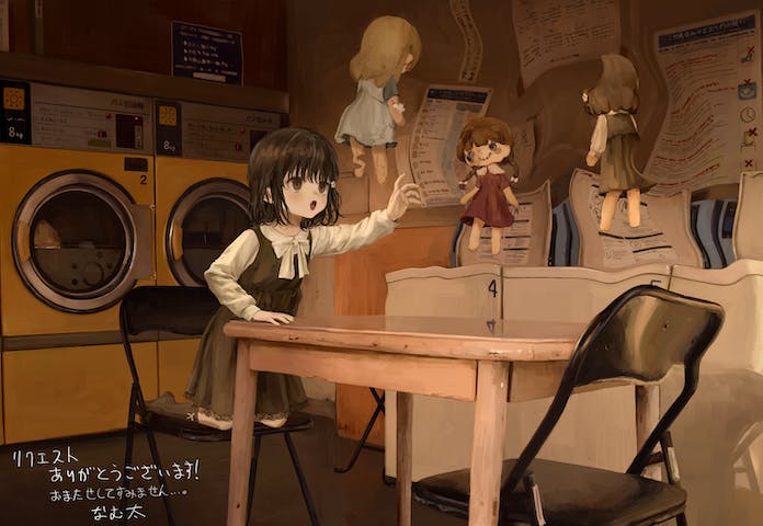 1girl bow bowtie brown_dress brown_eyes brown_hair brown_socks chair child clothes_dryer commentary_request commission distortion doll dress female_child floating floating_object folding_chair hand_up horror_(theme) indoors kneeling lace-trimmed_dress lace_trim laundromat long_sleeves medium_hair miyagawa_haruka namuta no_shoes on_chair open_mouth original reaching shirt skeb_commission sleeveless sleeveless_dress socks solo table translation_request warped white_bow white_bowtie white_shirt