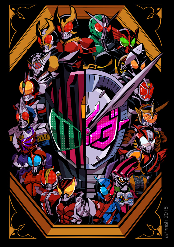 2018 agito_(ground_form) armor ashmish asymmetrical_horns barcode base_states black_armor clock_hands everyone flame_style gold_armor green_armor green_eyes heisei heterochromia horns japanese_armor kamen_rider kamen_rider_555 kamen_rider_agito kamen_rider_agito_(series) kamen_rider_blade kamen_rider_blade_(series) kamen_rider_build kamen_rider_build_(series) kamen_rider_dcd kamen_rider_decade kamen_rider_den-o kamen_rider_den-o_(series) kamen_rider_double kamen_rider_drive kamen_rider_drive_(series) kamen_rider_ex-aid kamen_rider_ex-aid_(series) kamen_rider_faiz kamen_rider_fourze kamen_rider_fourze_(series) kamen_rider_gaim kamen_rider_gaim_(series) kamen_rider_ghost kamen_rider_ghost_(series) kamen_rider_hibiki kamen_rider_hibiki_(series) kamen_rider_kabuto kamen_rider_kabuto_(series) kamen_rider_kiva kamen_rider_kiva_(series) kamen_rider_kuuga kamen_rider_kuuga_(series) kamen_rider_ooo kamen_rider_ooo_(series) kamen_rider_ryuki kamen_rider_ryuki_(series) kamen_rider_w kamen_rider_wizard kamen_rider_wizard_(series) kamen_rider_zi-o kamen_rider_zi-o_(series) katakana kuuga_(mighty) military military_vehicle motor_vehicle oni orange_arms orange_eyes pink_eyes rabbit red_armor rhinoceros_beetle samurai spade_(shape) spiky_hair tank tatoba_(ooo_combo) tire type_speed visor_(armor) wizard yellow_eyes