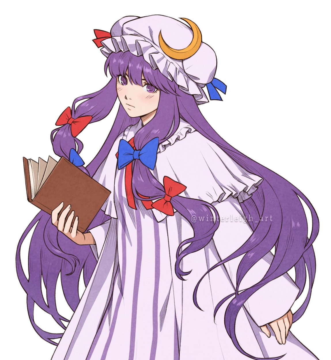 1girl arm_at_side blue_bow blunt_bangs book bow capelet cowboy_shot crescent crescent_hair_ornament expressionless eyebrows_hidden_by_hair hair_bow hair_ornament hair_ribbon hat highres holding holding_book long_hair mob_cap multi-tied_hair patchouli_knowledge purple_hair red_bow ribbon sidelocks simple_background sleeves_past_wrists solo striped touhou tress_ribbon vertical_stripes very_long_hair violet_eyes white_background winterleigh_art