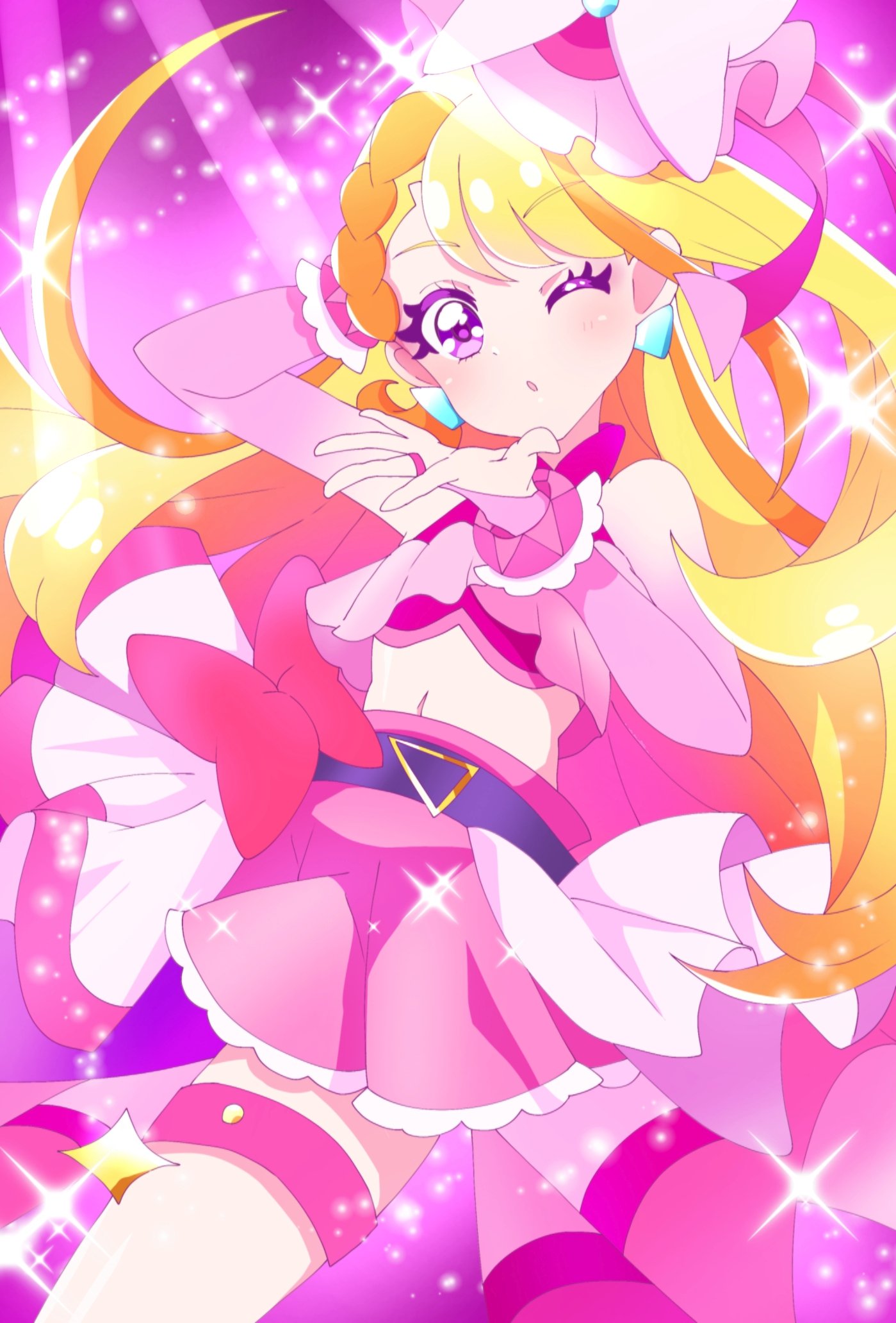 1girl :o arm_up blonde_hair blowing_kiss blush bow bracelet cure_butterfly hair_ornament highres hijiri_ageha hirogaru_sky!_precure jewelry large_bow leg_belt light_blush long_hair long_sleeves looking_at_viewer matatabi_hibiki midriff navel one_eye_closed parted_lips pink_background pink_eyes pink_skirt precure shirt skirt solo sparkle sparkle_background thighs violet_eyes