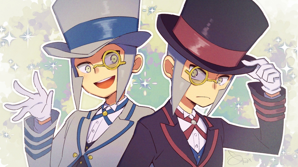 2boys brothers buttons emmet_(pokemon) emmet_(special_costume)_(pokemon) gloves grey_hair hat ingo_(pokemon) ingo_(special_costume)_(pokemon) male_focus multiple_boys official_alternate_costume open_mouth pokemon pokemon_(game) pokemon_masters_ex rakisuke siblings smile sparkle top_hat twins upper_body white_gloves