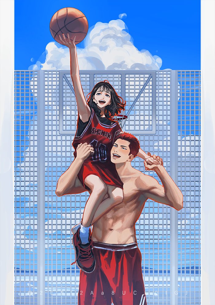 1boy 1girl abs air_jordan_5 akagi_haruko arm_up ball basketball basketball_(object) basketball_hoop basketball_jersey basketball_uniform black_eyes black_hair blackbox_(blackbox9158) border breasts buzz_cut carrying_over_shoulder clouds cloudy_sky day happy holding holding_ball holding_hands korean_commentary medium_breasts muscular muscular_male navel open_mouth oversized_clothes redhead sakuragi_hanamichi shoes short_hair sky slam_dunk_(series) sneakers sportswear teeth topless_male very_short_hair white_border