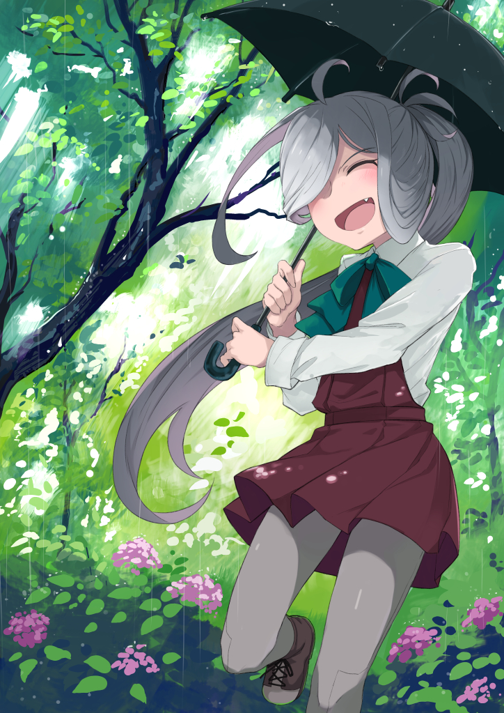 1girl ahoge asashimo_(kancolle) black_umbrella blush brown_footwear dress fang flower green_ribbon grey_hair grey_pantyhose hair_over_one_eye happy holding holding_umbrella hydrangea kantai_collection long_hair long_sleeves open_mouth outdoors pantyhose pleated_dress ponytail rain red_dress ribbon school_uniform shirt solo standing standing_on_one_leg umbrella umoo_futon white_shirt