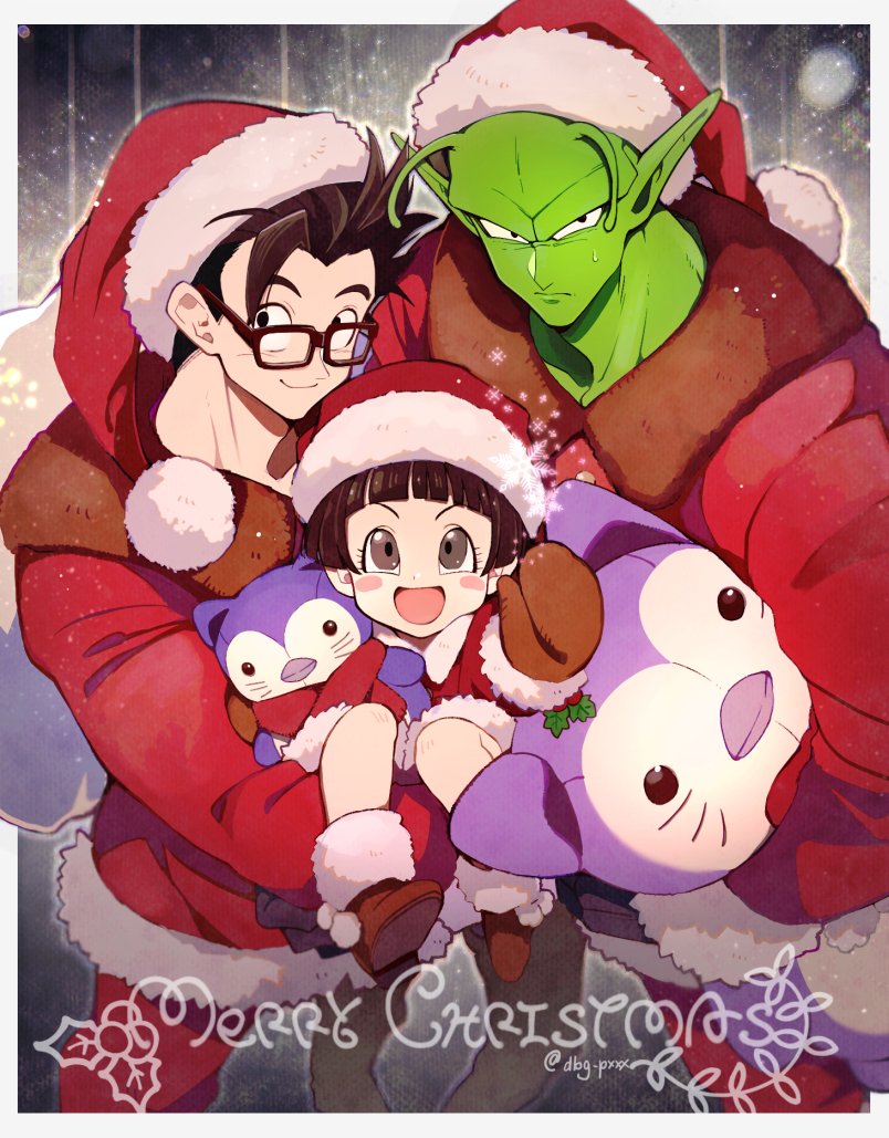 1girl 2boys :d antennae bb_m0024 black-framed_eyewear black_eyes black_gloves black_hair blunt_bangs blush blush_stickers boots border brown_footwear brown_mittens carrying christmas closed_mouth colored_skin commentary_request dragon_ball dragon_ball_super dragon_ball_super_super_hero eyelashes father_and_daughter fur-trimmed_boots fur-trimmed_headwear fur-trimmed_jacket fur_trim glasses gloves green_skin hat holding holding_sack holding_stuffed_toy holly jacket long_sleeves looking_at_viewer merry_christmas mittens multiple_boys namekian open_mouth outside_border pan_(dragon_ball) pants piccolo pointy_ears pom_pom_(clothes) red_headwear red_jacket red_pants red_scarf sack santa_hat scarf short_hair smile smirk snowflakes son_gohan spiky_hair stuffed_animal stuffed_toy sweatdrop v-shaped_eyebrows white_border
