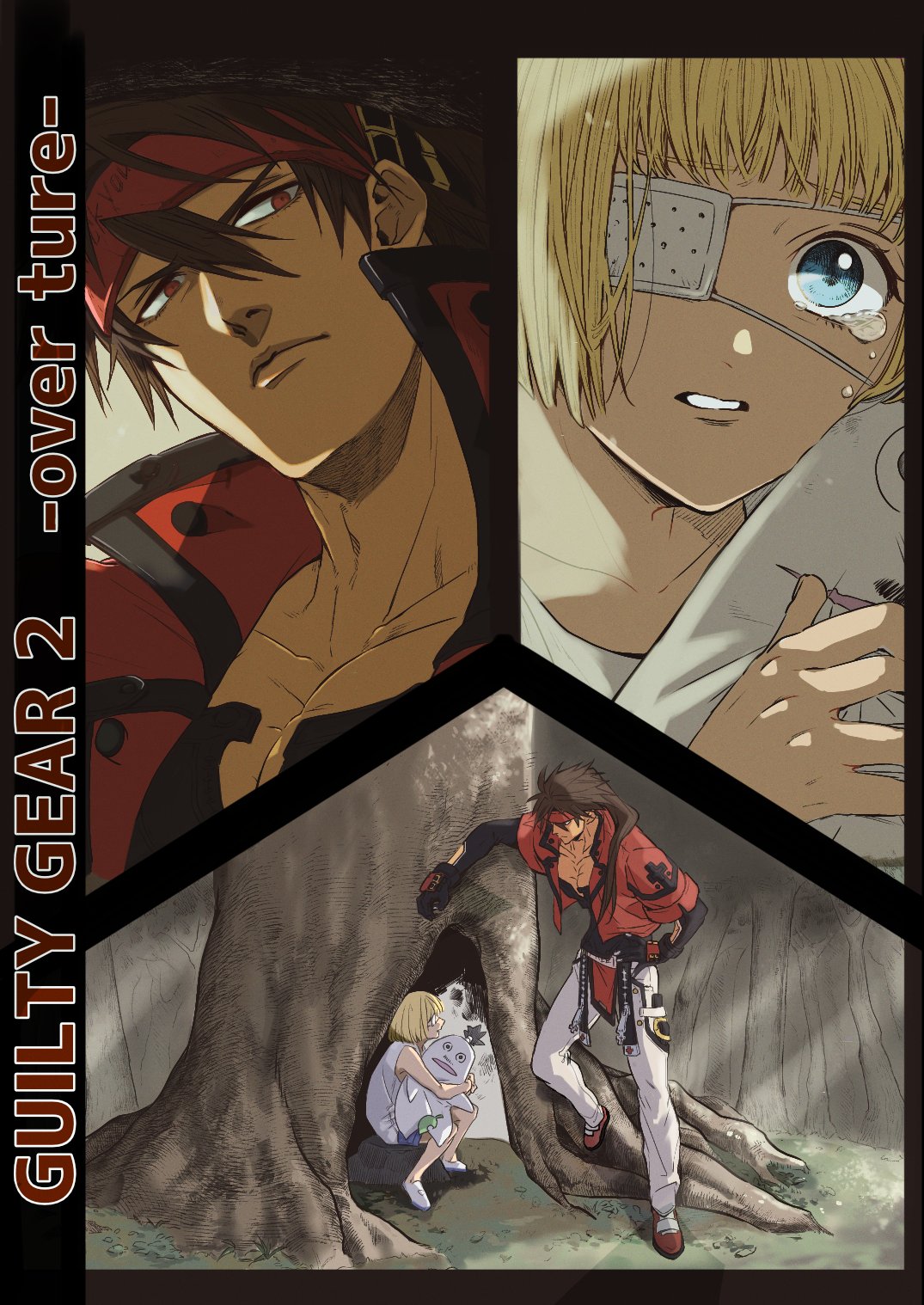 2boys black_gloves blonde_hair blue_eyes brown_hair eyepatch forehead_protector gloves grandfather_and_grandson guilty_gear guilty_gear_2 headband highres holding holding_toy in_tree lamp9229 long_hair long_sleeves looking_at_viewer male_focus medium_hair multiple_boys muscular muscular_male nature outdoors pants ponytail red_eyes sin_kiske sol_badguy spiky_hair tears toy tree white_pants