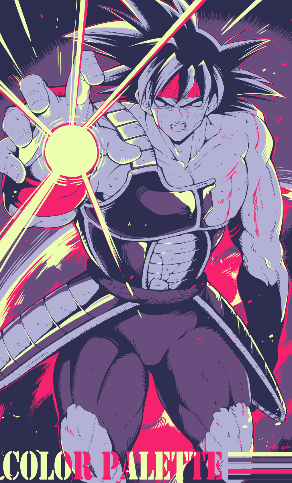 1boy arm_up armor bardock bb_m0024 biceps black_eyes black_hair blood blood_on_face clenched_teeth collarbone color_guide commentary_request cowboy_shot crack dragon_ball dragon_ball_z energy headband highres limited_palette looking_at_viewer male_focus muscular muscular_male pants pectorals red_headband red_wristband saiyan_armor scratches short_hair simple_background solo spiky_hair standing teeth tight_clothes tight_pants torn_clothes torn_pants v-shaped_eyebrows wristband
