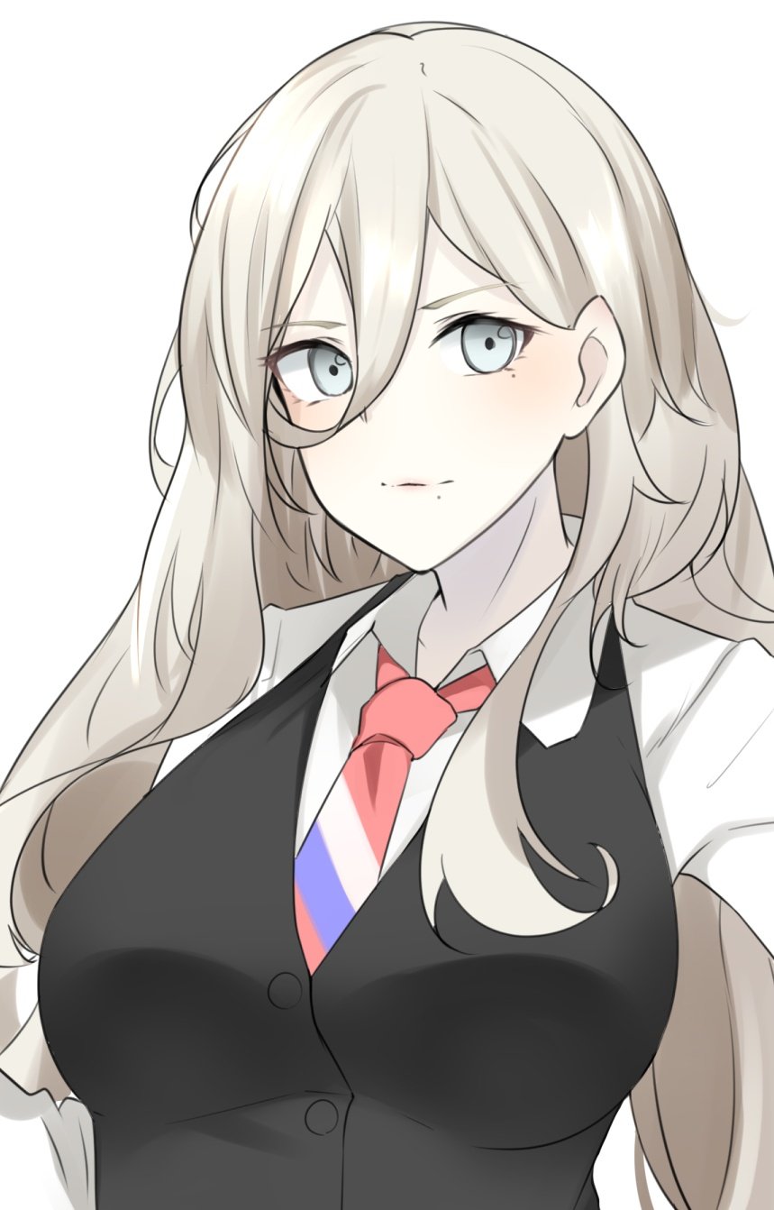 1girl alternate_costume black_vest blonde_hair grey_eyes hair_between_eyes highres kantai_collection long_hair looking_at_viewer mole mole_under_eye mole_under_mouth necktie richelieu_(kancolle) shirt simple_background solo upper_body vest white_background white_shirt z_(knkr1025)