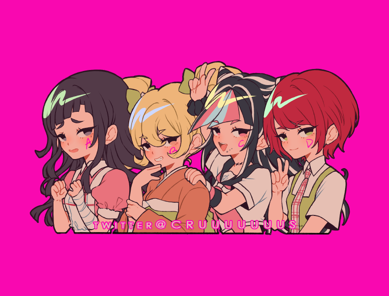 4girls :d apron arm_up artist_name bandaged_arm bandages black_hair black_scrunchie blonde_hair blue_hair bow criis-chan cropped_torso danganronpa_(series) danganronpa_2:_goodbye_despair dress green_bow green_dress green_eyes grin hair_bow hair_horns hand_on_another's_shoulder hands_up japanese_clothes kimono koizumi_mahiru long_hiar mioda_ibuki multicolored_hair multiple_girls neckerchief necktie orange_kimono pink_background pink_hair pink_neckerchief pink_shirt plaid_necktie redhead saionji_hiyoko scrunchie shirt short_hair short_sleeves simple_background smile teeth tsumiki_mikan twitter_username v white_apron white_shirt wrist_scrunchie