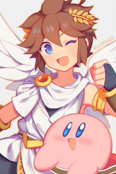 angel angel_wings armband armlet blue_eyes brown_hair clenched_hand colored_skin feathered_wings grey_background kid_icarus kirby kirby_(series) laurel_crown looking_at_viewer male_focus open_mouth pink_skin pit_(kid_icarus) smile solid_oval_eyes twitter_username white_wings wings wusagi2