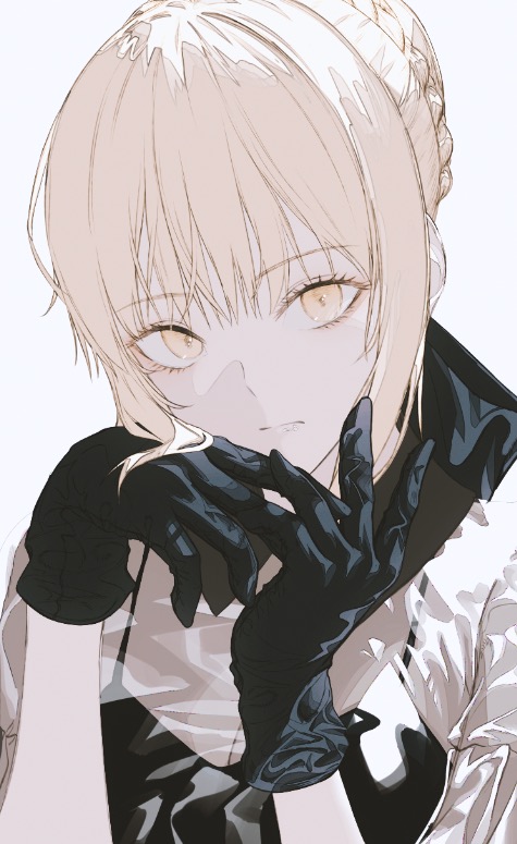 1girl artoria_pendragon_(fate) black_collar black_gloves black_ribbon blonde_hair braid breasts closed_mouth collar fate/grand_order fate/stay_night fate_(series) fov_ps gloves hair_between_eyes hair_ribbon looking_at_viewer medium_breasts ribbon saber_alter white_background yellow_eyes