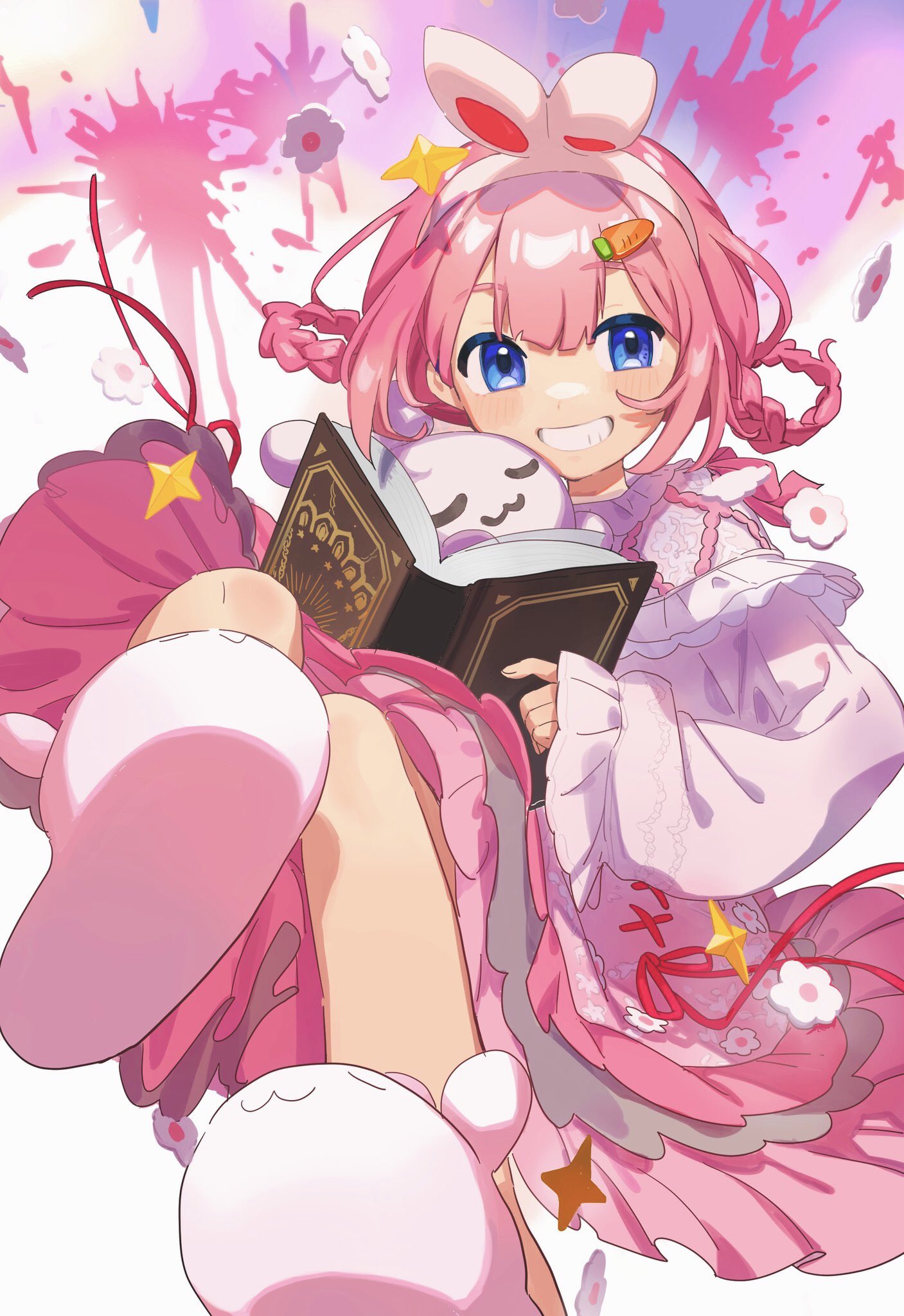 1girl animal_ears animal_slippers blue_eyes blush book braid carrot_hair_ornament cross-laced_clothes cross-laced_dress dress fake_animal_ears feet_up food-themed_hair_ornament frilled_dress frilled_sleeves frills grin hair_ornament hair_rings hairband highres holding holding_book knees_up layered_dress long_sleeves multicolored_background nijisanji official_alternate_costume open_book pink_background pink_dress pink_hair puffy_long_sleeves puffy_sleeves rabbit_ears red_ribbon ribbon slippers smile solo splatter_background stuffed_animal stuffed_rabbit stuffed_toy su_ke234 suo_sango twin_braids virtual_youtuber white_background white_hairband