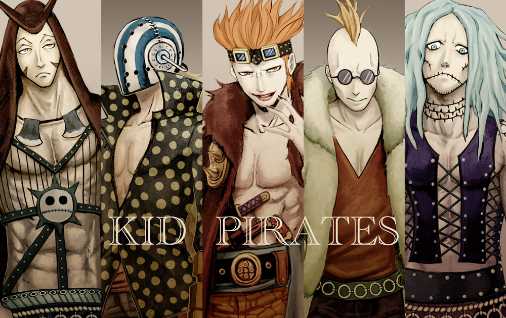 5boys blonde_hair blue_hair character_request closed_mouth english_text eustass_kid glasgow_smile goggles goggles_on_head heat_(one_piece) helmet killer_(one_piece) long_hair mohawk multiple_boys one_piece open_mouth rakurakurakumiya redhead scar short_hair spikes sunglasses wire_(one_piece)