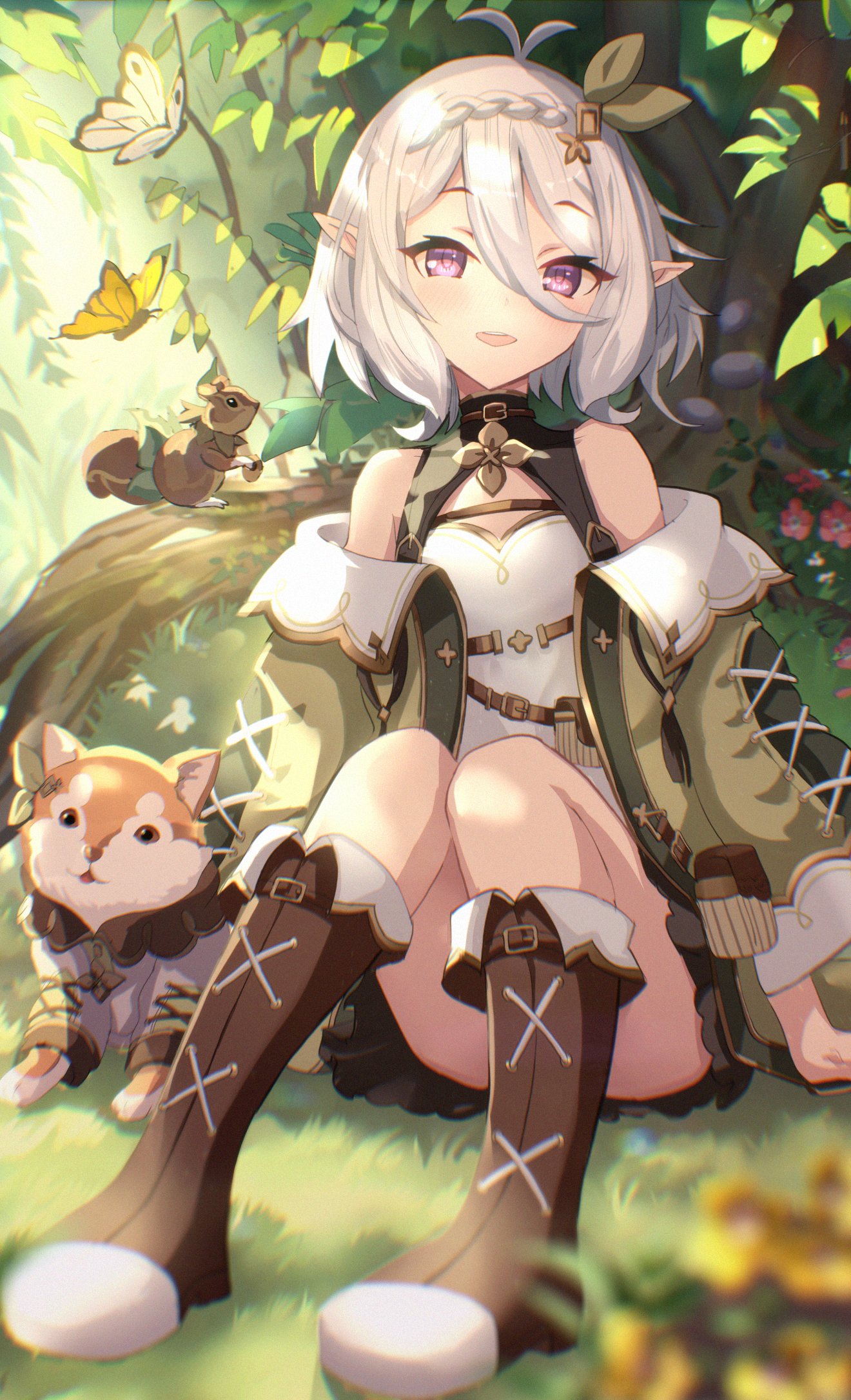 boots braid bug butterfly dog flower forest hair_between_eyes hair_flower hair_ornament highres jacket kokkoro_(princess_connect!) looking_at_viewer medium_hair nature off_shoulder official_alternate_costume okg pointy_ears princess_connect! red_eyes ribbon sitting smile squirrel white_hair