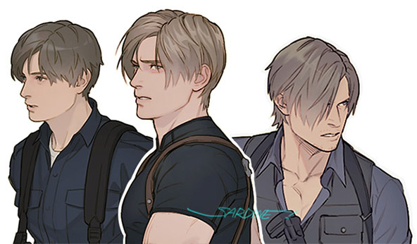 3boys aged_down aged_up black_shirt blue_eyes blue_shirt brown_hair curtained_hair english_commentary facial_hair hair_over_one_eye holster leon_s._kennedy male_focus multiple_boys multiple_persona muscular muscular_male resident_evil resident_evil_2 resident_evil_2_(remake) resident_evil_4 resident_evil_4_(remake) resident_evil_6 sardine_(kjr0313) shirt short_hair signature tight_clothes tight_shirt