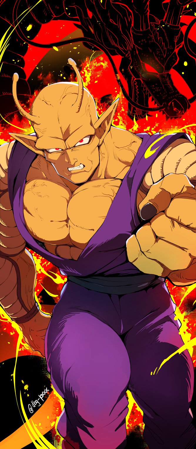 1boy antennae artist_name aura bb_m0024 biceps black_background black_nails clenched_hands clenched_teeth collarbone colored_skin commentary_request dougi dragon dragon_ball dragon_ball_super dragon_ball_super_super_hero eastern_dragon energy fire hand_up highres large_pectorals looking_at_viewer male_focus muscular muscular_male nail_polish namekian orange_piccolo orange_skin pectorals piccolo pointy_ears purple_sash red_background red_eyes sash solo standing teeth twitter_username v-shaped_eyebrows veins