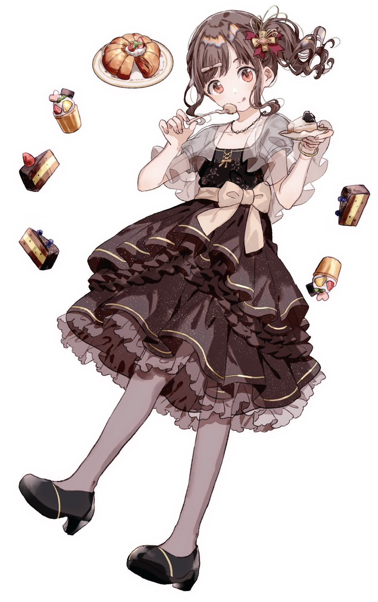 1girl black_dress blueberry blush bow bracelet breasts brown_hair cake cake_slice chocolate chocolate_cake collarbone dot_nose dress food fork frilled_dress frills fruit fruit_tart full_body grey_pantyhose hair_ornament hair_ribbon hairclip hands_up high_heels highres holding holding_fork holding_plate idolmaster idolmaster_shiny_colors jewelry large_breasts layered_dress long_hair looking_at_viewer migolu mint necklace one_side_up orange_(fruit) pantyhose plate red_eyes red_ribbon ribbon see-through_capelet short_sleeves simple_background smile solo sonoda_chiyoko strawberry tart_(food) tongue tongue_out waist_bow white_background
