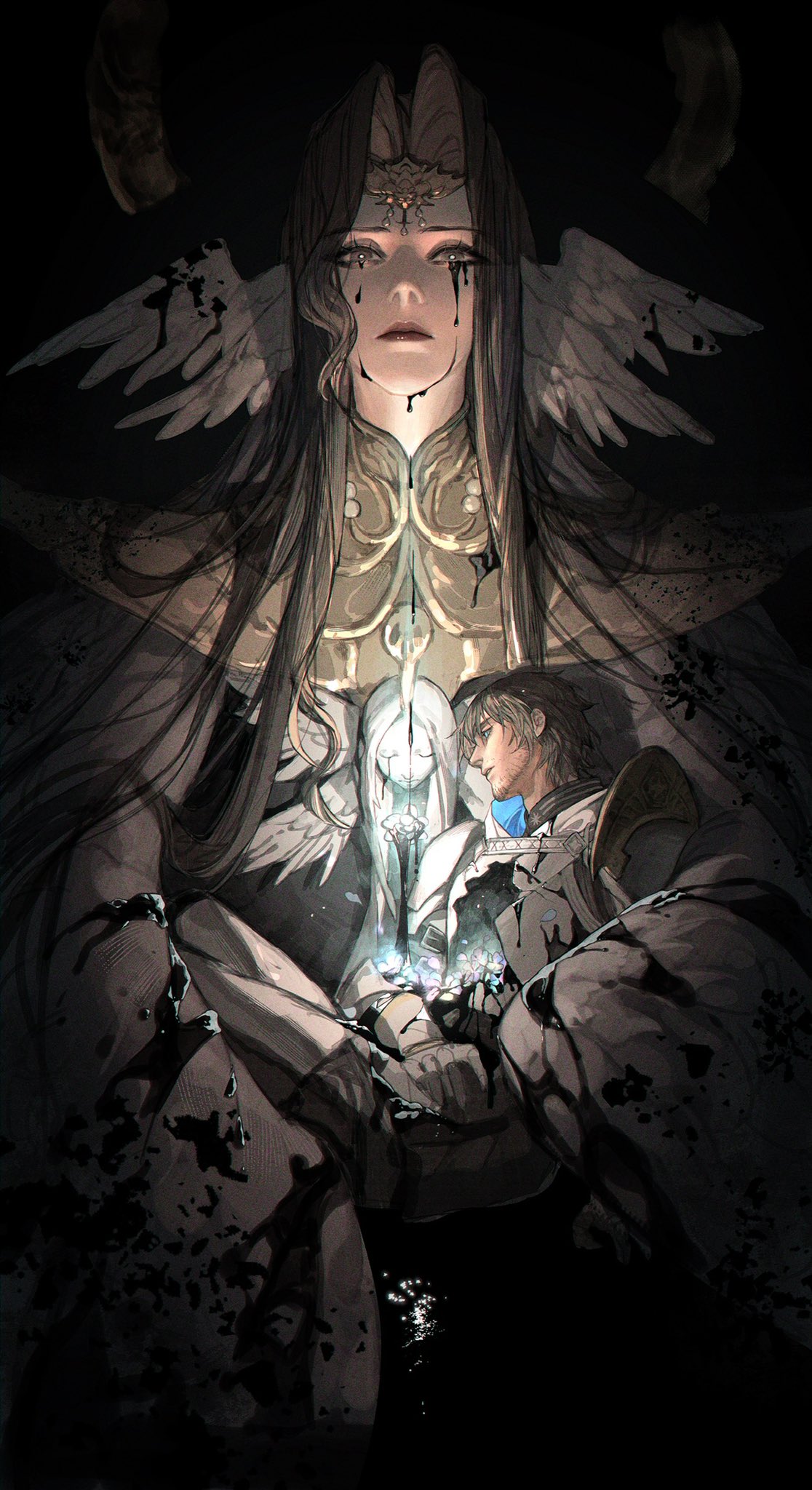 1boy 1girl adventurer_(ff14) armor bird_girl bird_wings black_background black_hair black_tears breastplate bright_pupils brown_eyes brown_hair carrying carrying_person circlet collar cracked_skin crying dirty dripping eboda-x facial_hair feathered_wings final_fantasy final_fantasy_xiv flower gauntlets giant giantess glowing glowing_flower greaves grey_eyes hair_intakes head_wings highres hollow_body hyur liquid long_hair mask mask_around_neck metal_collar monster_girl multiple_wings paladin_(final_fantasy) parted_lips pauldrons short_hair shoulder_armor size_difference stubble tears warrior_of_light_(ff14) white_flower white_pupils wings