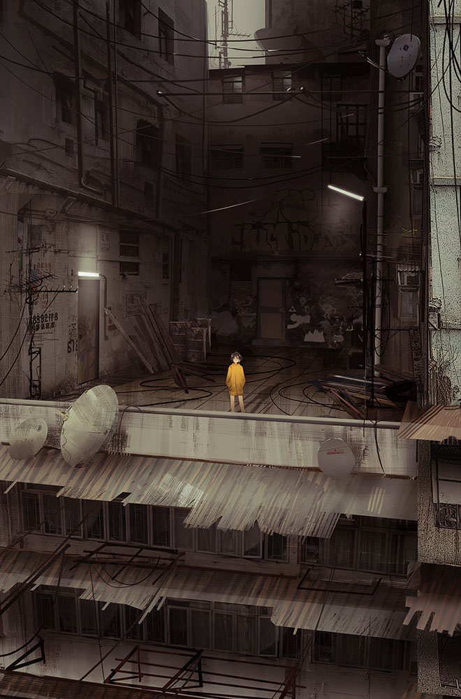 1girl apartment building city clouds cloudy_sky coat graffiti hands_in_pockets haru_akira looking_at_viewer on_roof original outdoors power_lines satellite_dish scenery short_hair sky solo standing yellow_coat