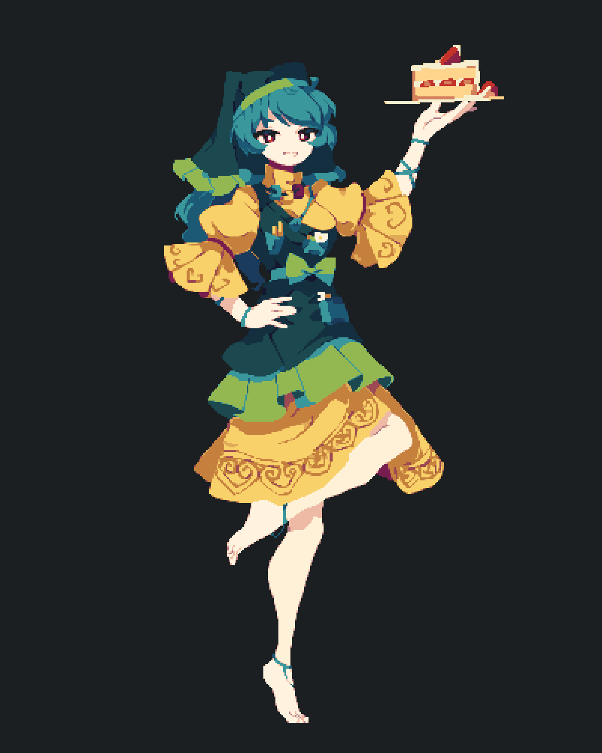 1girl 4qw5 ankleband apron aqua_hair arm_ribbon arm_up barefoot black_background cake dress food frilled_apron frilled_sleeves frills fruit full_body green_apron green_headwear hand_on_own_hip haniyasushin_keiki head_scarf heart heart_print highres holding holding_plate jewelry knee_up long_hair looking_at_viewer magatama magatama_necklace necklace pixel_art plate print_dress puffy_short_sleeves puffy_sleeves pun red_eyes ribbon short_sleeves simple_background smile solo standing standing_on_one_leg strawberry strawberry_shortcake touhou turtleneck_dress wristband yellow_dress