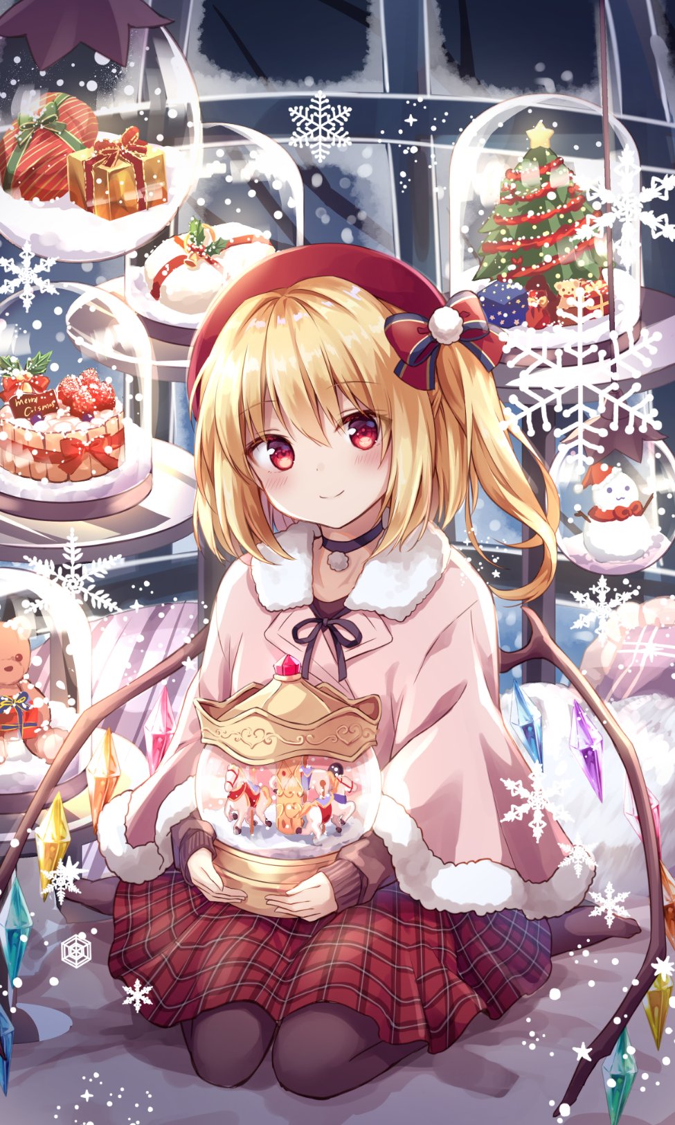1girl alternate_costume blonde_hair blush capelet choker crystal flandre_scarlet fur_trim hat highres holding kure~pu looking_at_viewer medium_hair one_side_up pantyhose pink_capelet plaid plaid_skirt pom_pom_(clothes) red_eyes sitting skirt smile snow_globe snowflakes solo touhou wariza wings