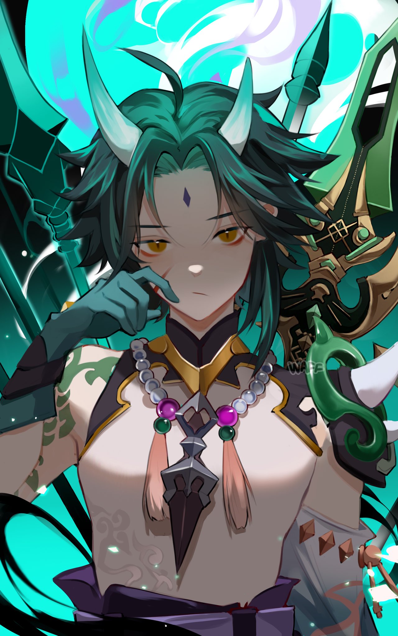 0waff537 1boy ahoge aqua_background aqua_hair arm_tattoo armor artist_name belt black_background black_hair blood blood_on_face blue_gloves brown_eyes closed_mouth crystal detached_sleeves eyeshadow facial_mark forehead_mark genshin_impact gloves gold_trim gradient_background hair_between_eyes hand_up highres horns jewelry long_sleeves looking_at_viewer makeup male_focus mandarin_collar multicolored_hair necklace pants pearl_necklace primordial_jade_winged-spear_(genshin_impact) purple_belt purple_pants red_eyeshadow shirt short_hair shoulder_armor single_bare_shoulder single_detached_sleeve sleeveless sleeveless_shirt solo standing sword tassel tattoo two-tone_hair weapon white_shirt wide_sleeves xiao_(genshin_impact)
