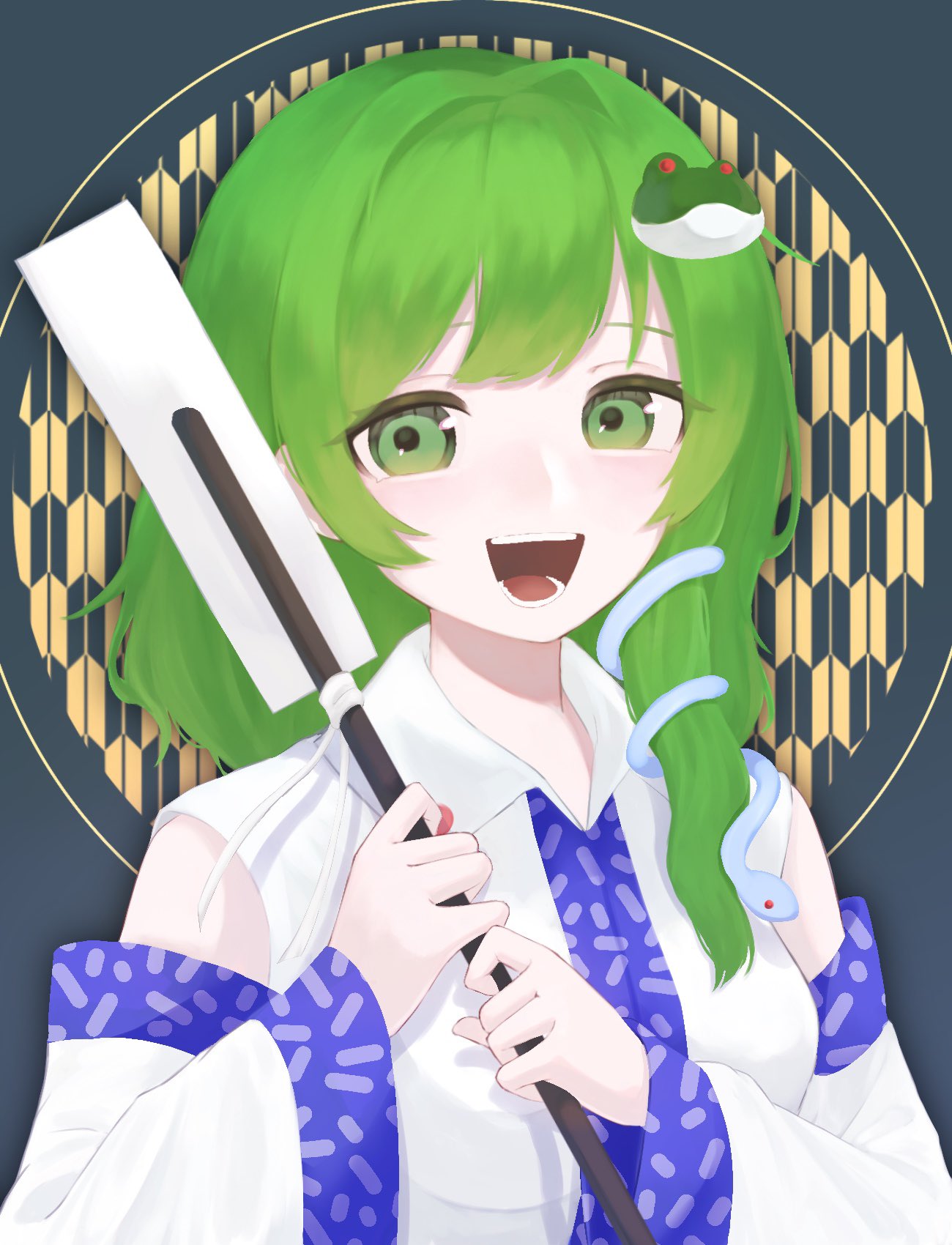 1girl :d blush collared_shirt commentary detached_sleeves frog_hair_ornament gohei green_eyes grey_hair hair_ornament hands_up highres holding holding_gohei karumia kochiya_sanae long_hair looking_at_viewer open_mouth shirt simple_background sleeveless sleeveless_shirt smile snake_hair_ornament solo teeth tongue touhou upper_body white_shirt white_sleeves