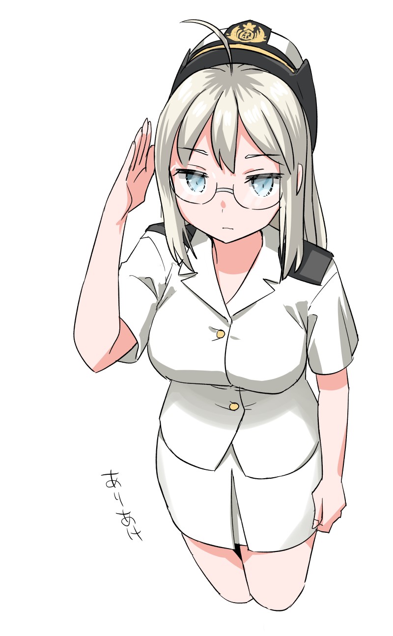 1girl ahoge alternate_costume breasts cropped_legs epaulettes female_service_cap glasses grey_eyes heywood_l._edwards_(kancolle) highres js_ariake_(kancolle) kantai_collection long_hair medium_breasts military military_uniform naval_uniform pencil_skirt salute shirt simple_background skirt solo standing tamu_(mad_works) uniform white_background white_hair white_shirt white_skirt