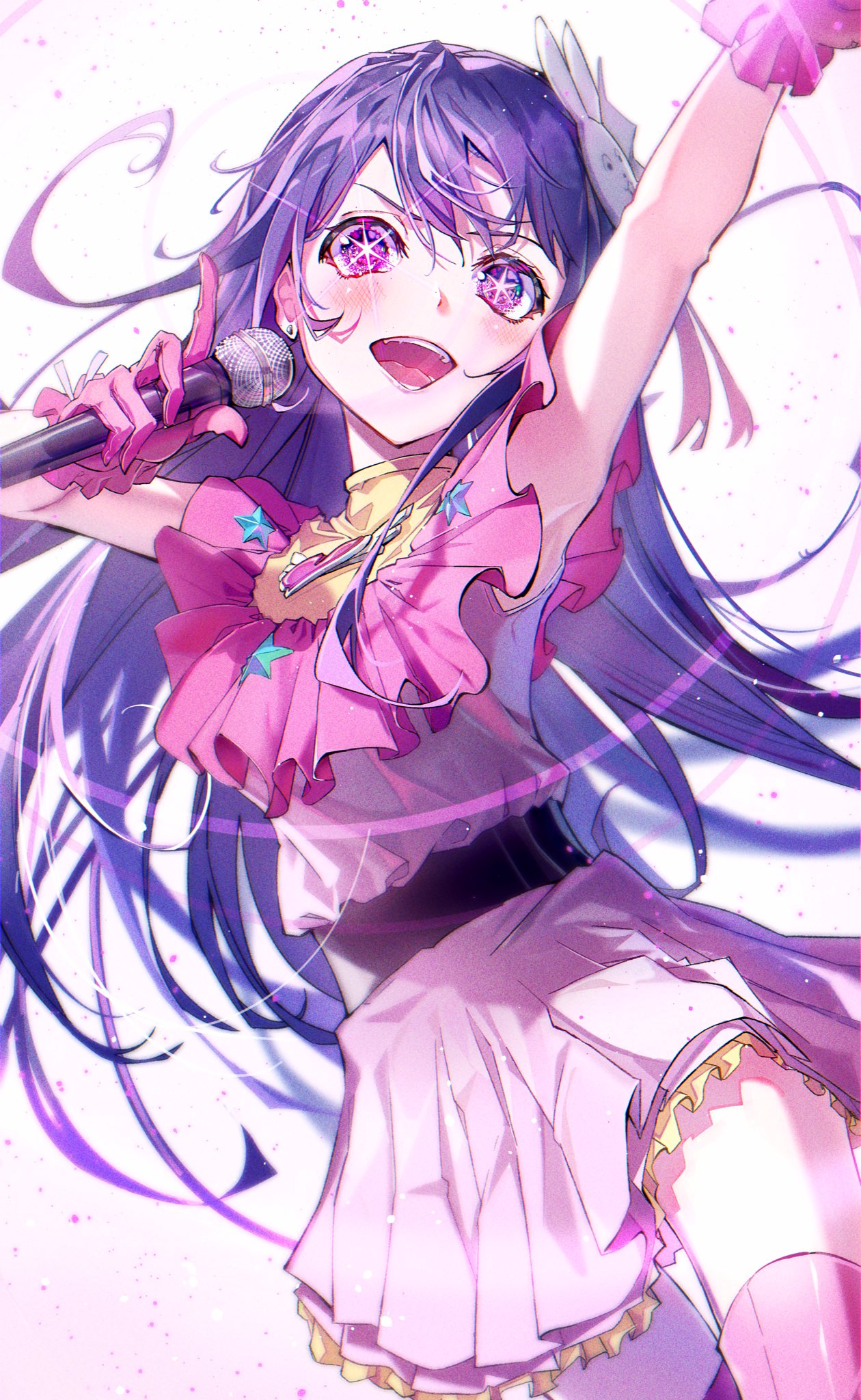 1girl arm_up armpits belt black_belt blush commentary dress earrings eyelashes frills gloves gradient_background hair_between_eyes hair_ornament hair_ribbon hands_up heart highres holding holding_microphone hoshino_ai_(oshi_no_ko) idol index_finger_raised jewelry long_hair looking_at_viewer microphone multicolored_eyes music open_mouth oshi_no_ko pink_background pink_dress pink_eyes pink_gloves pink_ribbon pink_thighhighs purple_hair rabbit_hair_ornament ribbon satsuki_(satsuki_art) simple_background singing sleeveless sleeveless_dress smile solo sparkle standing star-shaped_pupils star_(symbol) star_print symbol-shaped_pupils teeth thigh-highs tongue turtleneck turtleneck_dress v-shaped_eyebrows violet_eyes white_background