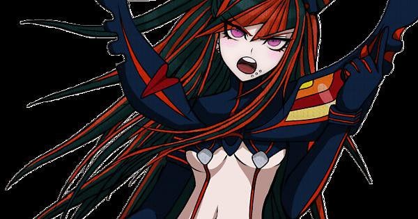 1girl black_gloves black_hair breasts cosplay danganronpa_(series) finger gloves kill_la_kill koshimizu_ami looking_at_viewer matoi_ryuuko matoi_ryuuko_(cosplay) mioda_ibuki open_mouth parody pink_eyes pointing_finger redhead seiyuu_joke senketsu solo tongue voice_actor_connection