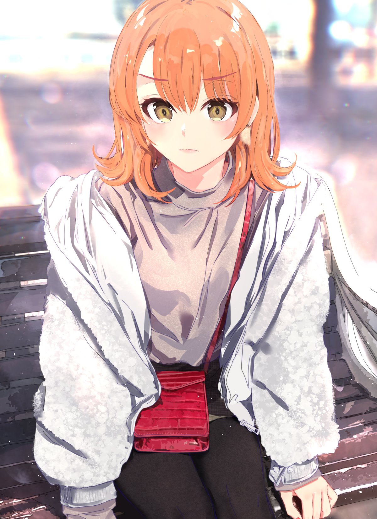 1girl bag bench black_thighhighs blurry commentary crossed_bangs depth_of_field earrings frown grey_sweater hair_between_eyes handbag highres isshiki_iroha jacket jewelry lips looking_at_viewer medium_hair orange_hair park_bench plaid plaid_shorts pom_pom_(clothes) pom_pom_earrings ponkan_8 red_bag shorts sidelocks sitting sleeves_past_wrists solo sweater thigh-highs white_jacket yahari_ore_no_seishun_lovecome_wa_machigatteiru. yellow_eyes