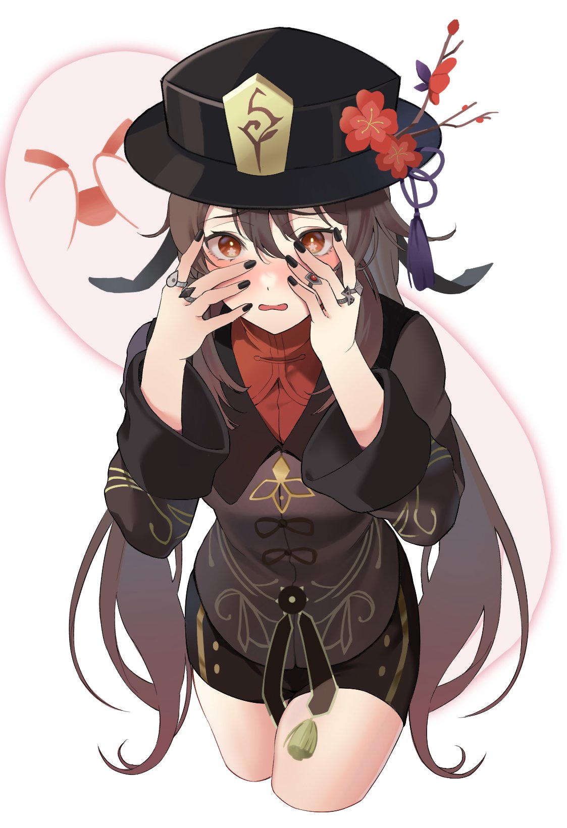 1girl black_headwear black_nails black_shorts blush boo_tao_(genshin_impact) brown_coat brown_hair chinese_clothes coat commentary covering covering_face cropped_legs embarrassed eyelashes fingernails flower flower-shaped_pupils genshin_impact ghost hair_between_eyes hands_up hat hat_flower hat_tassel highres hu_tao_(genshin_impact) jewelry long_hair long_sleeves looking_at_viewer mitarashimame multiple_rings nail_polish plum_blossoms porkpie_hat red_eyes red_shirt ring shirt short_shorts shorts simple_background symbol-shaped_pupils tailcoat tassel twintails wavy_mouth white_background