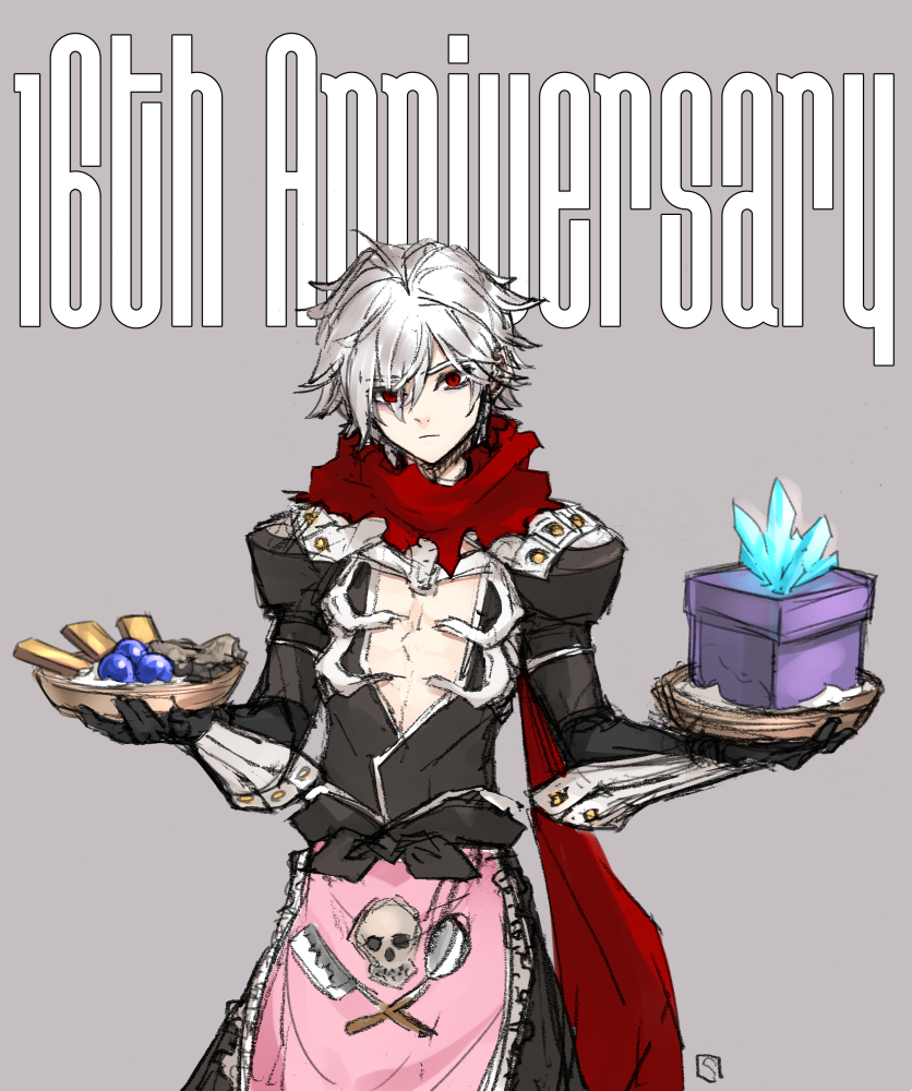 1boy anniversary apron armor assassin_cross_(ragnarok_online) basket black_gloves black_pants black_shirt box closed_mouth commentary_request cowboy_shot crystal elbow_gloves expressionless eyes_visible_through_hair frilled_apron frills gloves grey_background hair_between_eyes hair_over_one_eye holding holding_basket kusabi_(aighe) long_bangs looking_at_viewer male_focus open_clothes open_shirt pants pauldrons pink_apron ragnarok_online red_eyes red_scarf scarf shirt short_hair shoulder_armor shy_(ragnarok_online) skull_print solo vambraces waist_apron white_hair