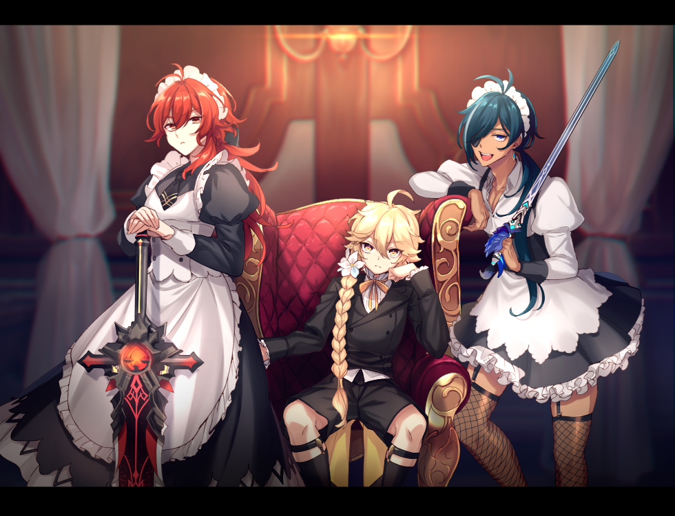 3boys :d aether_(genshin_impact) ahoge alternate_costume antenna_hair apron armchair black_dress black_jacket black_necktie black_shorts black_socks black_thighhighs blonde_hair blue_eyes blue_hair blurry blurry_background braid braided_ponytail buttons chair closed_mouth collarbone commentary_request crossdressing curtains dark-skinned_male dark_skin diluc_(genshin_impact) double-breasted dress earrings enmaided eyepatch fishnet_thighhighs fishnets flower frilled_apron frilled_dress frills frown garter_straps genshin_impact hair_between_eyes hair_flower hair_ornament hair_over_shoulder hand_up holding holding_sword holding_weapon indoors jacket jewelry juliet_sleeves kaeya_(genshin_impact) kneehighs lapels letterboxed long_hair long_sleeves looking_at_viewer low_ponytail maid maid_apron maid_headdress male_focus multicolored_hair multiple_boys neck_ribbon necktie one_eye_covered open_mouth orange_ribbon parted_bangs ponytail puffy_sleeves red_eyes redhead ribbon shirt short_necktie shorts sidelocks sitting sleeve_cuffs smile socks standing streaked_hair sunnysideup0831 swept_bangs sword teeth the_alley_flash_(genshin_impact) thigh-highs upper_teeth_only weapon white_apron white_dress white_flower white_shirt wolf's_gravestone_(genshin_impact) yellow_eyes