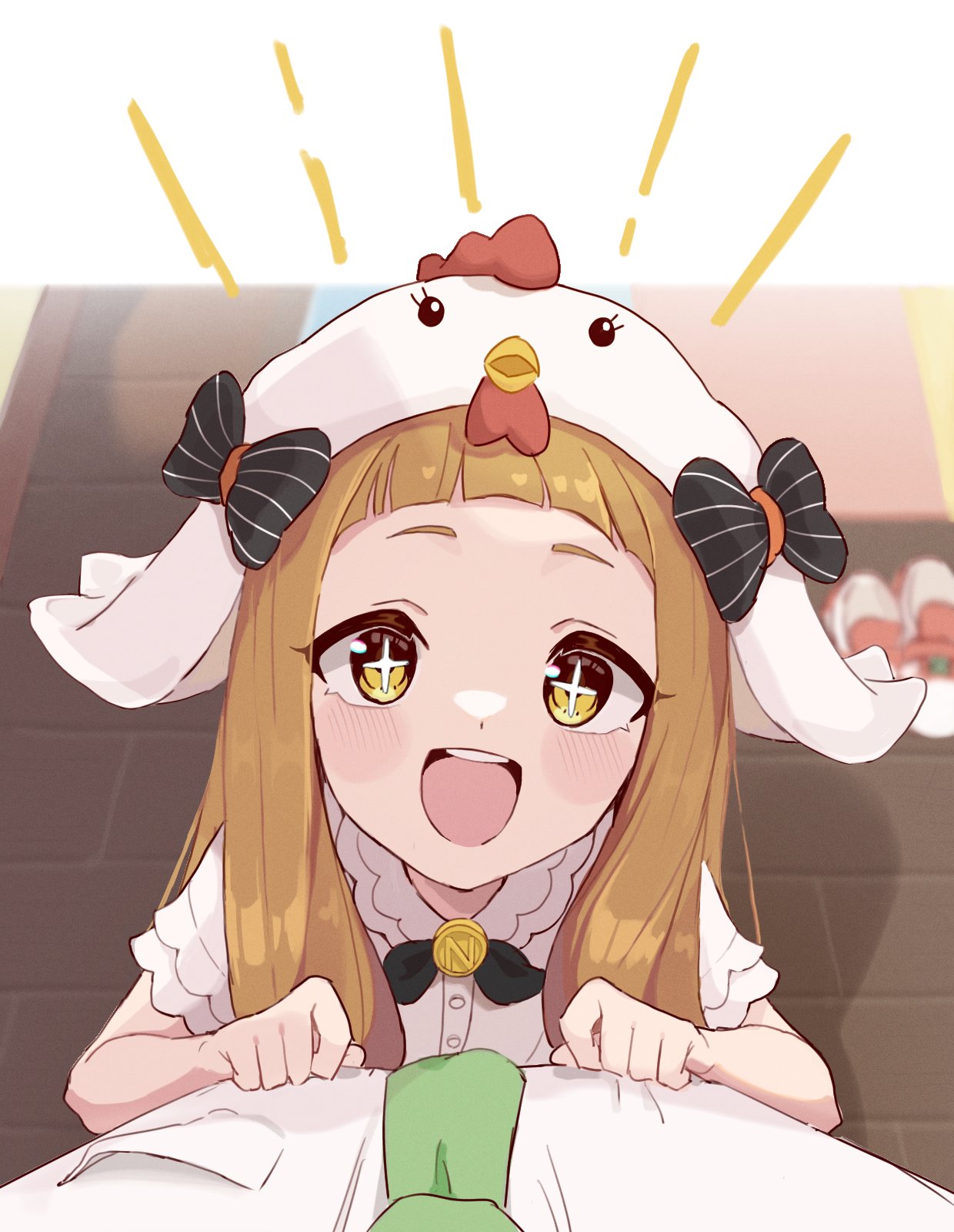1boy 1girl blunt_bangs blush breast_pocket buttons chicken_hat commentary female_child frilled_shirt frills green_necktie hands_on_another's_stomach highres ichihara_nina idolmaster idolmaster_cinderella_girls idolmaster_cinderella_girls_u149 indoors long_hair looking_at_viewer meoism necktie notice_lines open_mouth pocket pov shirt shoes short_sleeves sidelocks smile sparkling_eyes symbol-only_commentary teeth upper_teeth_only white_headwear white_shirt yellow_eyes