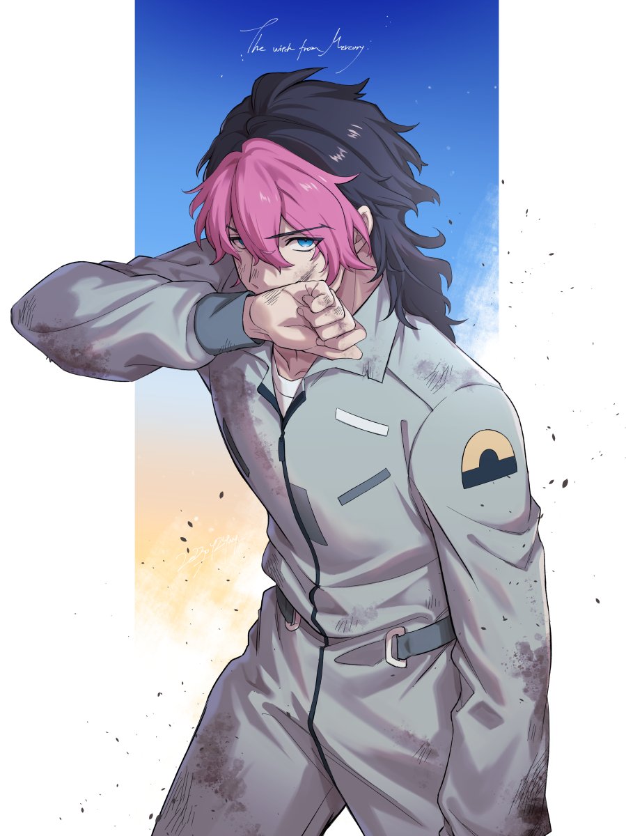 1boy black_hair blue_eyes copyright_name dirty dirty_clothes dirty_face guel_jeturk gundam gundam_suisei_no_majo highres jumpsuit long_hair looking_at_viewer male_focus multicolored_hair pink_hair shirt simple_background solo white_background white_shirt wiping_face yoshinowataru