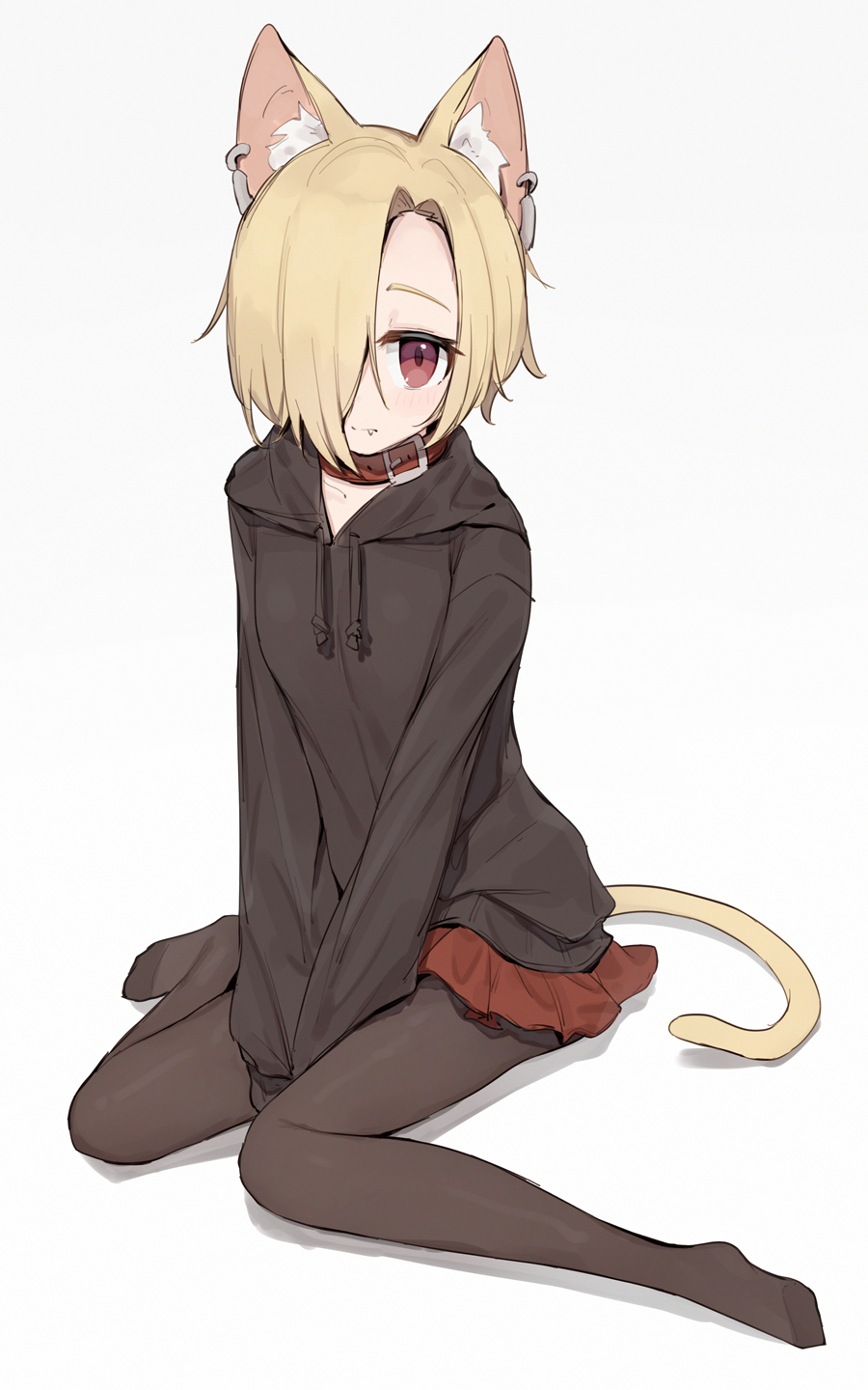 1girl 3: animal_collar animal_ear_fluff animal_ears between_legs black_hoodie black_pantyhose blonde_hair cat_ears cat_girl cat_tail closed_mouth collar collarbone drawstring ear_piercing eyelashes fang fang_out grey_background hair_over_one_eye hand_between_legs highres hood hood_down hoodie idolmaster idolmaster_cinderella_girls kemonomimi_mode legs light_blush long_bangs long_sleeves looking_at_viewer miniskirt multiple_piercings no_shoes one_eye_covered own_hands_together pantyhose parted_bangs piercing pleated_skirt red_collar red_eyes red_skirt shirasaka_koume shone short_hair simple_background sitting skirt solo split_mouth tail v_arms wariza yellow_tail