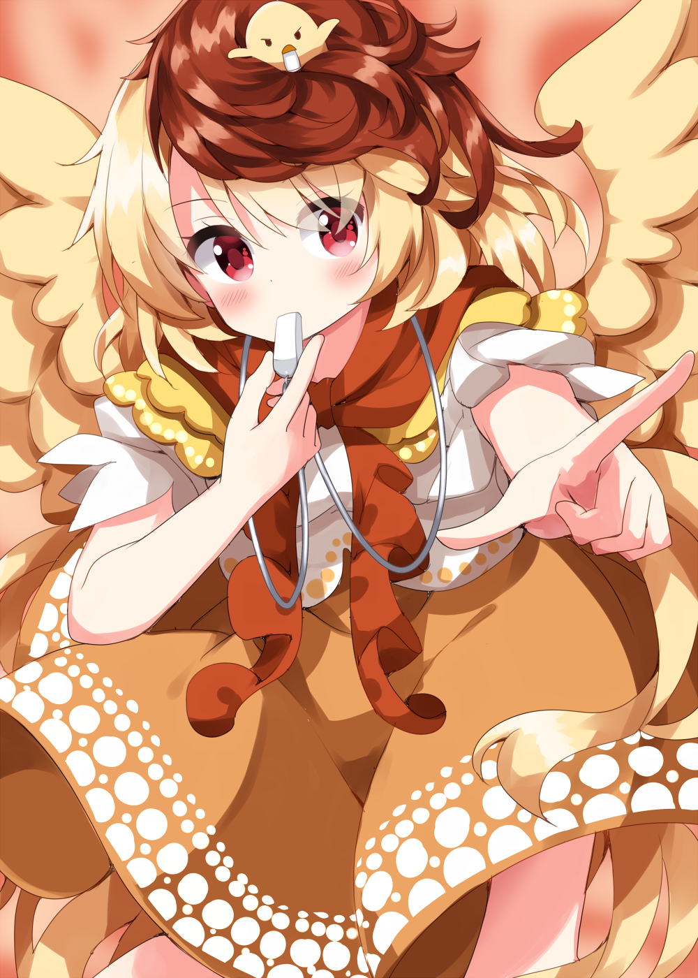 1girl animal animal_on_head bird bird_on_head bird_tail bird_wings blonde_hair blush chick commentary_request dress feathered_wings highres multicolored_hair niwatari_kutaka on_head orange_dress red_eyes redhead ruu_(tksymkw) shirt short_hair short_sleeves solo tail touhou two-tone_hair whistle whistle_around_neck whistling white_shirt wings yellow_wings