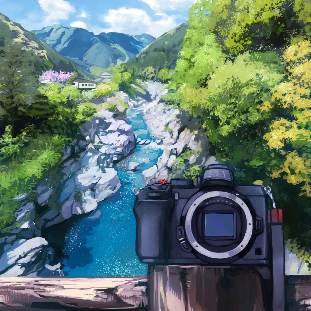 blue_sky bug building camera clouds cloudy_sky commentary_request day foliage grass ladybug moss mountain mutumipketto no_humans original outdoors perspective railing river rock scenery shallow_water sky strap tree water wooden_bridge