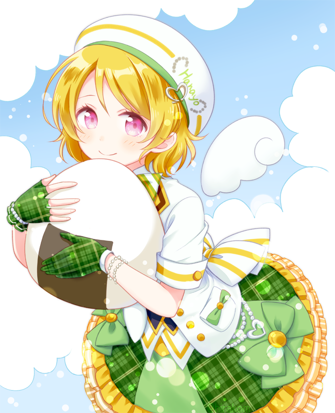 1girl artist_name asymmetrical_gloves beret blush bow bracelet brooch brown_hair closed_mouth clouds curly_hair detached_wings fingerless_gloves food gloves green_bow hat heart_brooch hirako idol jacket jewelry koizumi_hanayo layered_skirt looking_at_viewer love_live! love_live!_school_idol_festival object_hug onigiri pearl_bracelet plaid plaid_gloves plaid_skirt short_hair short_sleeves skirt smile solo stuffed_toy violet_eyes white_bow white_headwear white_jacket wings yellow_trim